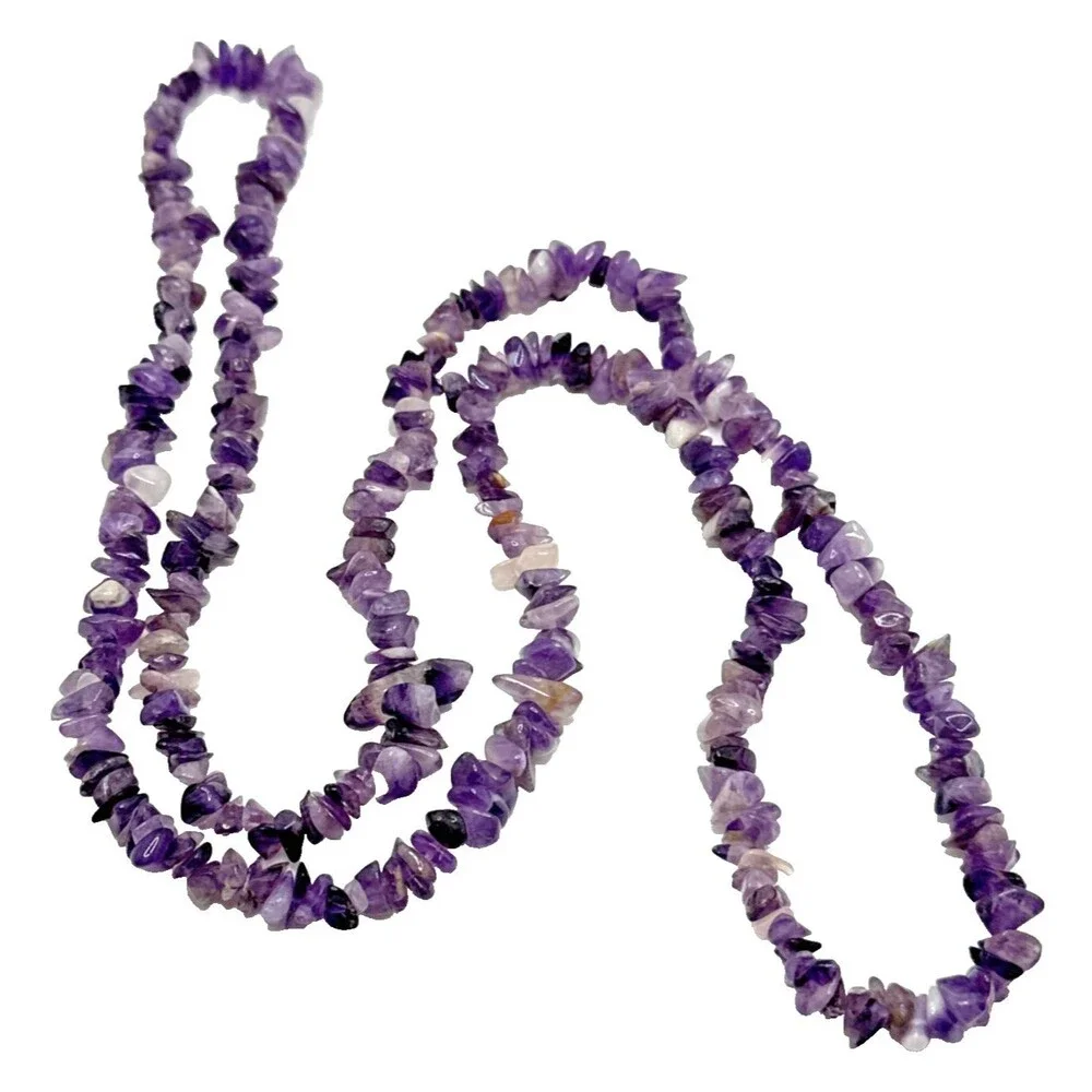 Vintage Amethyst Chip Necklace Long Strand Stone Boho Energy Protection Calming